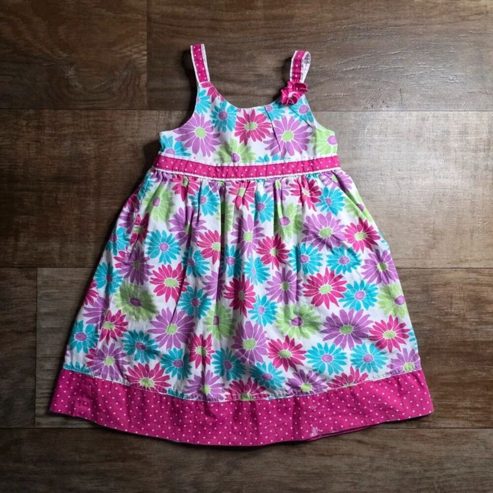 Penelope Mack Toddler Floral Sundress Size 4T Pink Teal Daisy Polka Dot Trim